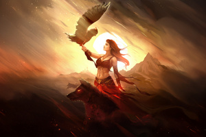 Girl With Ember Wolf And Sky Sentinel (5120x2880) Resolution Wallpaper
