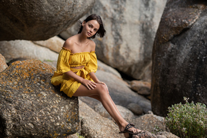 Girl Yellow Dress Sitting Rock Posing 4k