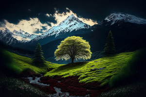 Glowing Tree In Mountain Valley Wallpaper
