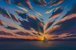 Golden Silence Minimalist Boat At Morning Hour (1600x900) Resolution Wallpaper