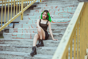 Green Hair Girl Sitting On Stairs 4k