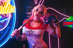 Harley Quinn With Bat Neon 5k Wallpaper