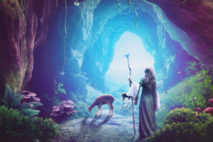 Heaven Cave Girl Deer Fantasy Art (1280x800) Resolution Wallpaper