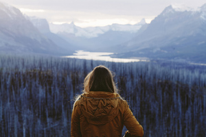 Hoodie Girl Brunette Looking At The Nature Landscape Wallpaper