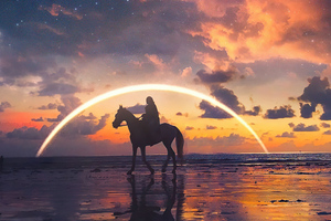 Horse Rider Sunset Beach Side Artwork (3840x2160) Resolution Wallpaper