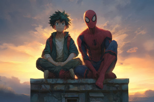 Izuku Midoriya And Spider Man Together At Sunset (1600x900) Resolution Wallpaper