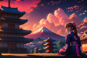 Japan Vibe Anime Girl Temple 5k (320x240) Resolution Wallpaper