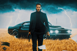 John Wick With His Ford Mustang (1336x768) Resolution Wallpaper