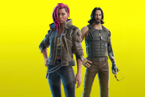 Johnny Silverhand And V In Fortnite X Cyberpunk 2077 (1366x768) Resolution Wallpaper