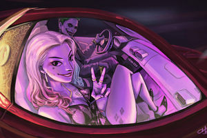 Joker And Harley Quinn In The Car Artwork 8k