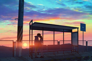 Journey To Love Bus Stop Cuddle Of The Anime Sweethearts (2560x1080) Resolution Wallpaper