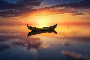 Lake Sunset Reflection Boat Wallpaper