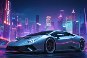 Lamborghini In The Cyber Metropolis (3840x2400) Resolution Wallpaper