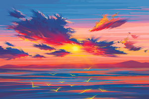 Landscape Morning Sea Water Painting (2560x1024) Resolution Wallpaper