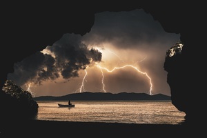 Landscape Storm Rays Sea Clouds Cave Fantasy 8k Wallpaper
