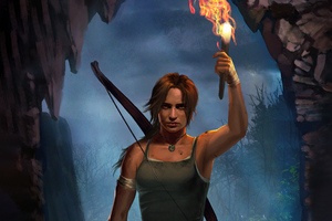 Lara Croft With Flame In Hand (5120x2880) Resolution Wallpaper