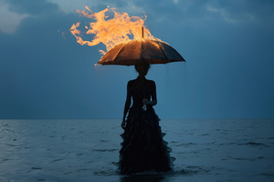 Life Girl Standing Under The Burning Umbrella (2932x2932) Resolution Wallpaper
