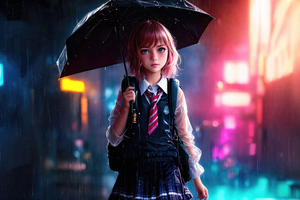 Little Girl With Umbrella Rain Coming Back From School (2560x1080) Resolution Wallpaper