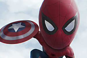 Little Spiderman With Shield (2560x1440) Resolution Wallpaper