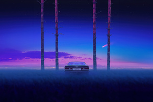 Lone Car In Synthwave Woods (1360x768) Resolution Wallpaper