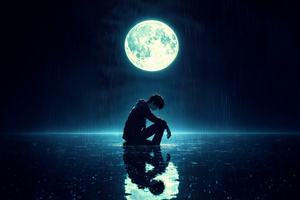 Lonely Anime Boy Broken Under Moonlight (1366x768) Resolution Wallpaper