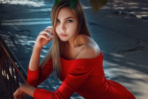 Long Hair Blonde In Red Dress (2560x1080) Resolution Wallpaper