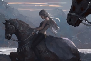 Long Hair Girl On Horse By Wlop