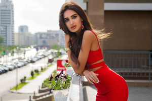 Long Hair Girl Outdoors Red Dress (1366x768) Resolution Wallpaper