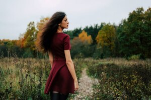 Long Hair Red Dress Outdoors (1336x768) Resolution Wallpaper