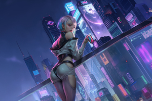 Lucy In Cyberpunk Cityscape (2880x1800) Resolution Wallpaper