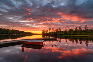 Majestic Lake Sunset Scene Boat Reflection (1280x720) Resolution Wallpaper