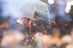 Married Couple Romantic Umbrella Raining Weeding