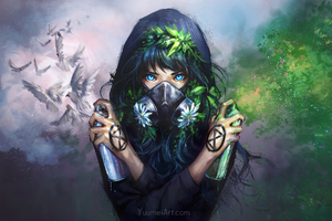 Mask Girl With Bottle Spray (1360x768) Resolution Wallpaper