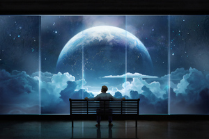 Men Sitting On Bench Looking At Clouds And Moon (2560x1600) Resolution Wallpaper