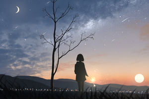 Meteor Streak In Sky And Anime Alone (1360x768) Resolution Wallpaper