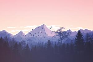 Minimalism Birds Mountains Trees Forest Wallpaper
