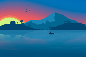 Minimalist Beach Boat Mountains Sunset Birds 8k