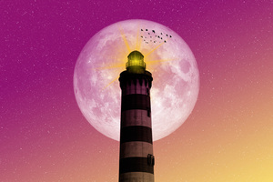 Moon Lighthouse Birds Pink Yellow Sky (2560x1600) Resolution Wallpaper