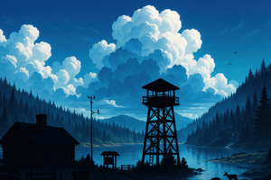 Mountain Lake Watchtower (1600x1200) Resolution Wallpaper