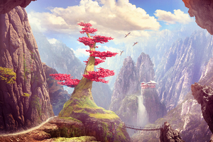 Mountain Tree Temple Fantasy Art