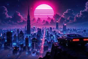 Muscle Car And Pink Horizon City (1600x900) Resolution Wallpaper