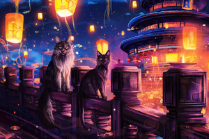 Mystical Cats Under The Stars (1600x1200) Resolution Wallpaper