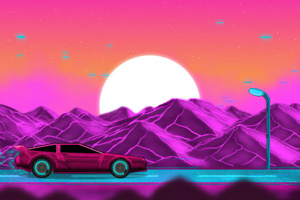 Neon Highway Synthwave Car In Mountains Wallpaper