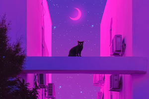 Neon Nights With Meow Synthwave City Cat (2880x1800) Resolution Wallpaper