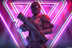 Neon Weapon Soldier Science Fiction 4k