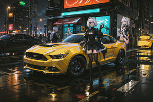 Nier Automata In Her Mercedes In The Neon Cityscape