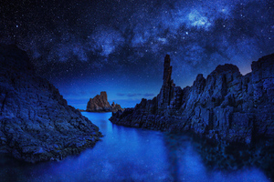 Ocean Rocks On Starry Night 4k