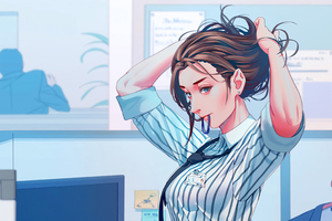 Office Anime Girl Adjusting Hairs 4k Wallpaper