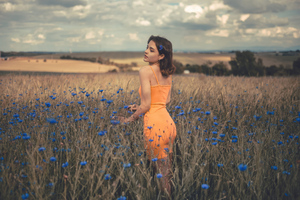Orange Dress Girl In Field 4k Wallpaper