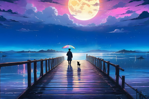 Person And Dog On A Pier Under A Moonlit Sky (1280x720) Resolution Wallpaper